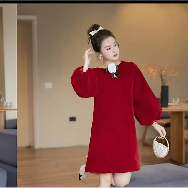 Váy nhung suông tay bí dài, Váy nhung cài hoa bigsize 40kg-120kg