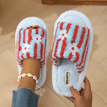 [Hàng có sẵn Vận chuyển nhanh] Dép cotton mở màu tương phản sọc bán chạy Dép nữ Dép lông thú tại nhà Dép cotton sang trọng chống trượt