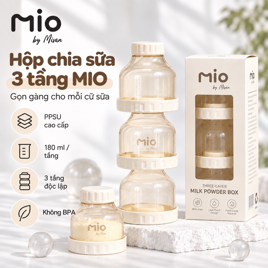 Hộp chia sữa bột 3 tầng MIO by Misan PPSU 540ml cho bé, chia cữ sữa tiện lợi