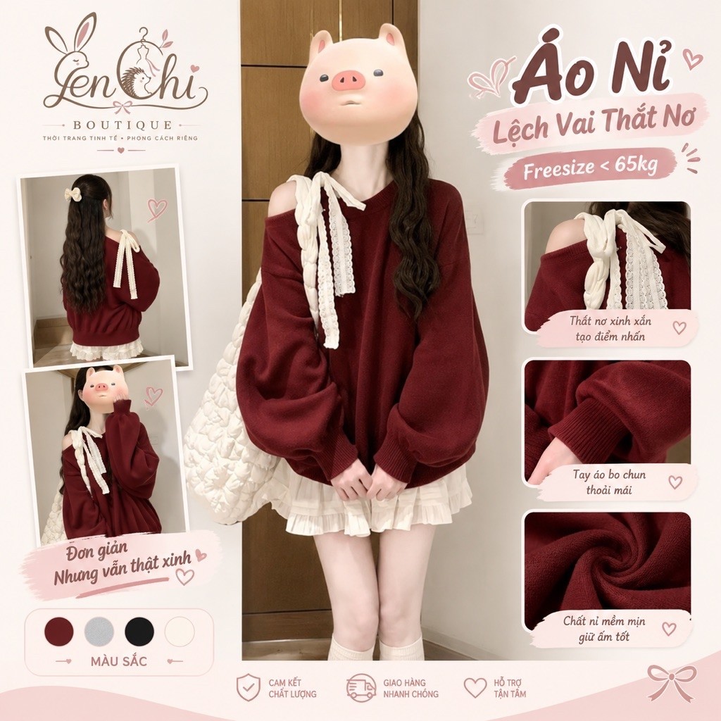 Áo Swetter Trễ Vai Thắt Nơ Nữ. Áo nỉ form rộng tay bồng màu đỏ, Hồng, ghi phong cách Hàn quốc
