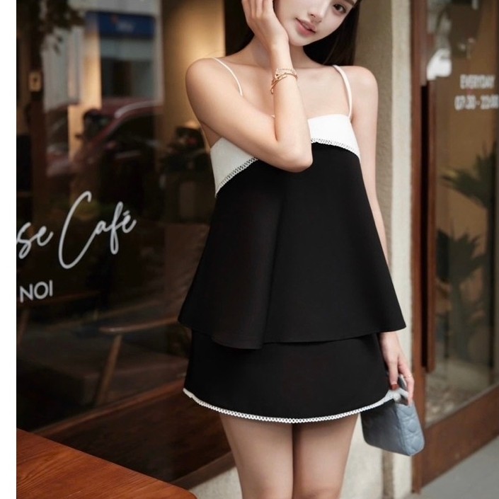 Set áo hai dây viền ren phối màu chân váy a trẻ trung hiện đại đáng yêu