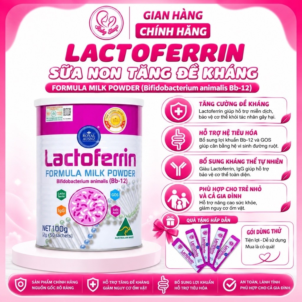 Sữa Hoàng Gia Úc Lactoferrin hồng hộp 50 gói hỗ trợ bé tăng đề kháng ăn ngon tăng cân