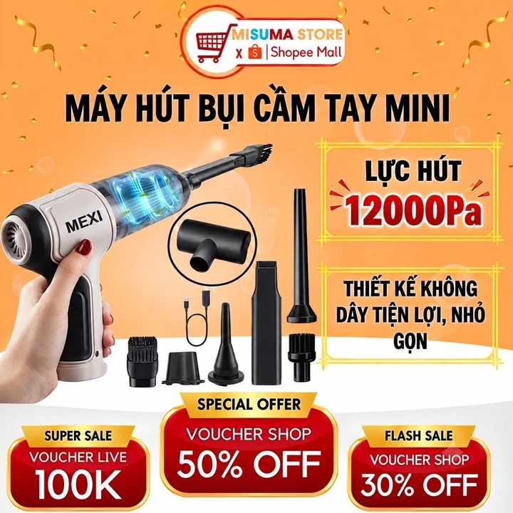 Máy Hút Bụi Mini Cầm Tay Không Dây MEXI Đa Chức Năng, Bộ Lọc HEPA Hút Mạnh 12000PA Hút Bụi Xe Hơi, Hút và Thổi Bụi