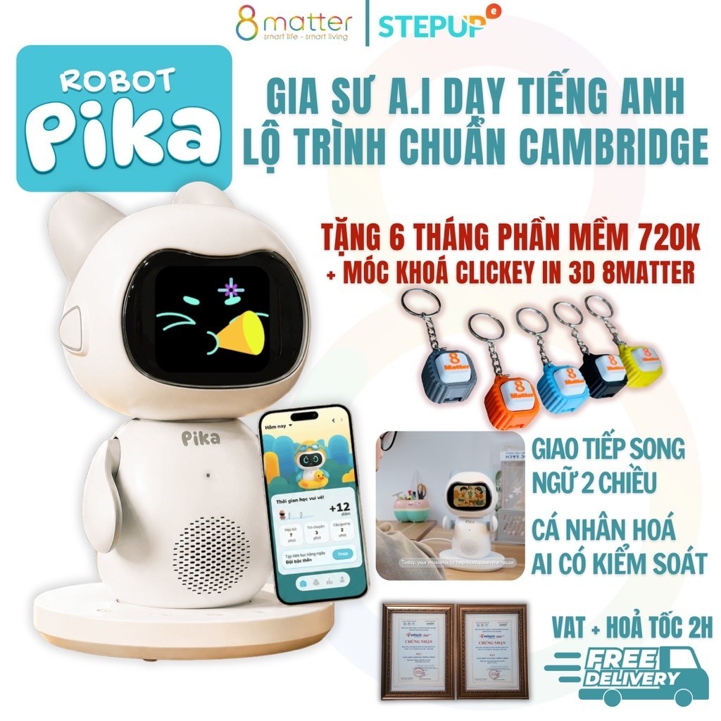 Robot học tiếng Anh AI Pika PK-01 Step Up cho bé 4-12 tuổi, luyện nói mỗi ngày, kèm 6 tháng phần mềm - HỎA TỐC HCM/HN