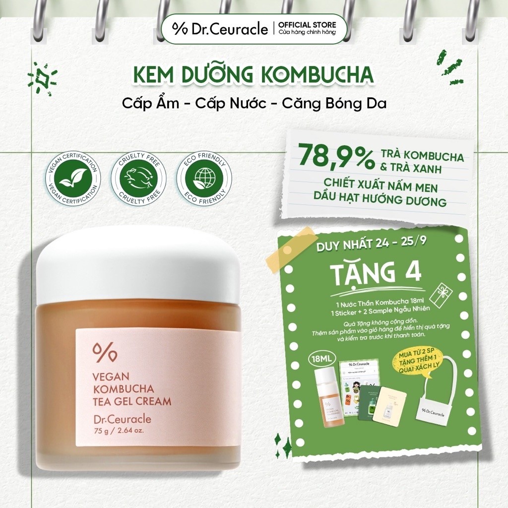 Kem Dưỡng Kombucha Dưỡng Ẩm Trẻ Hóa Căng Bóng Da Dr.Ceuracle Vegan Kombucha Tea Gel Cream 75g