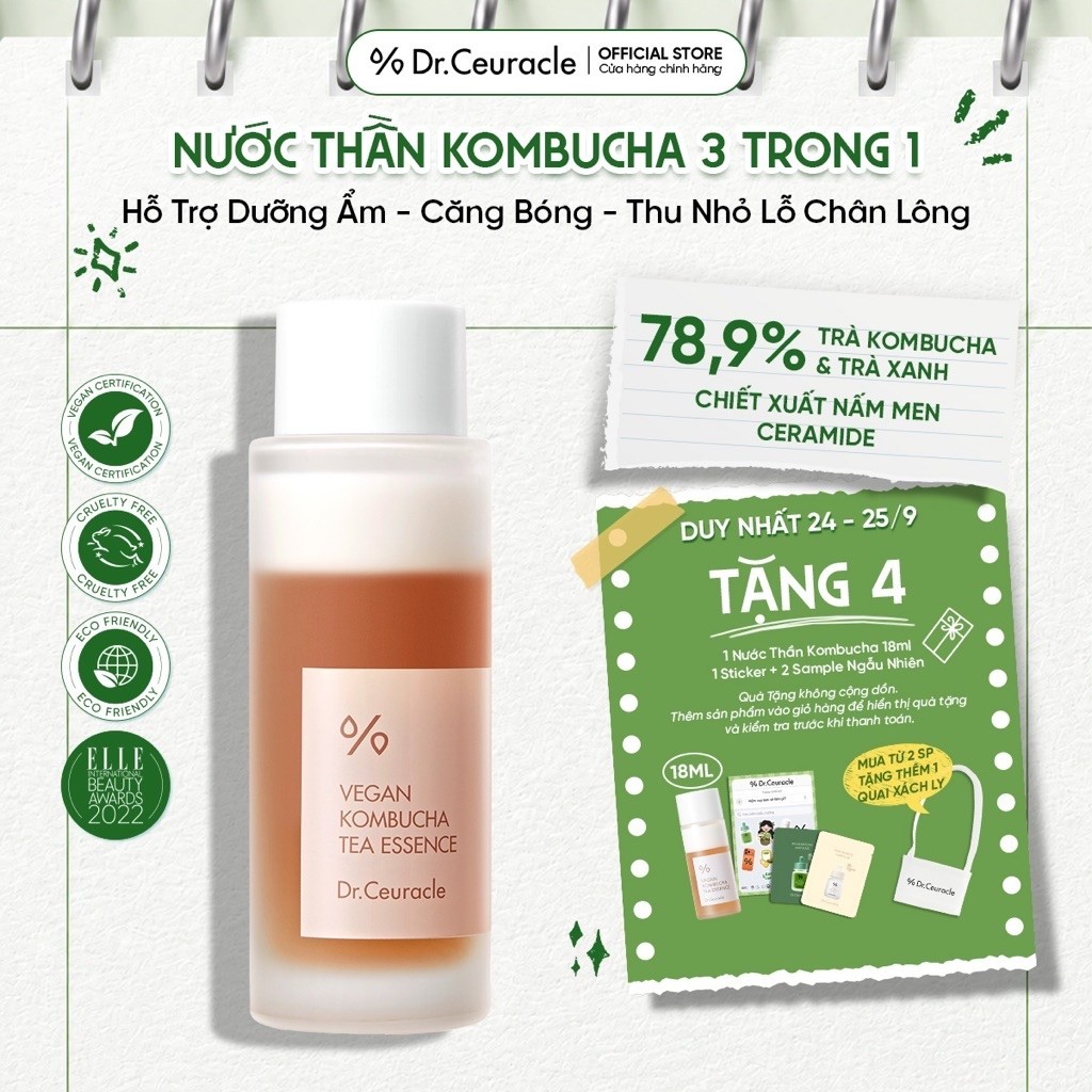 Nước Thần Kombucha 3in1 Dưỡng Ẩm Trẻ Hóa Căng Bóng Da Dr.Ceuracle Vegan Kombucha Tea Essence 50ml