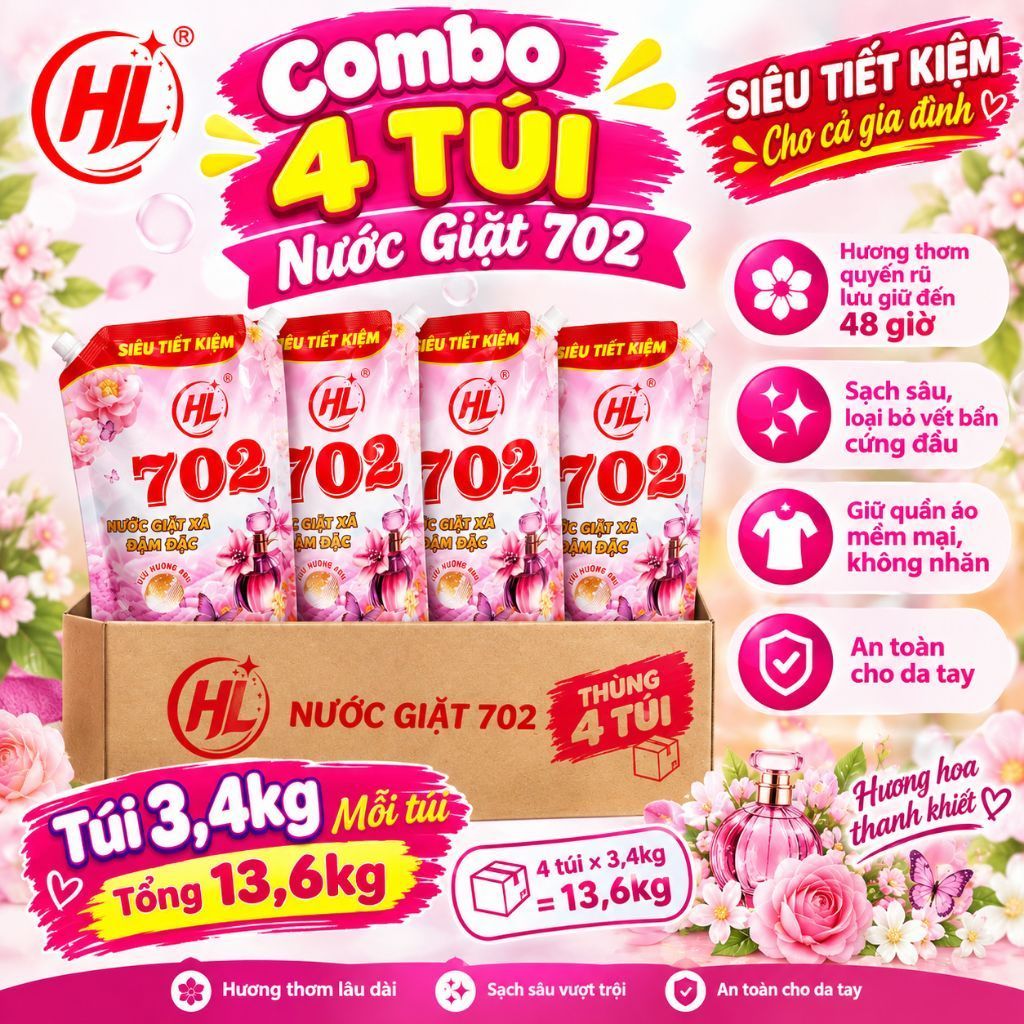 702 Thùng 4 Túi nước Giặt 3.4kg. Lưu Hương, Tiết Kiệm