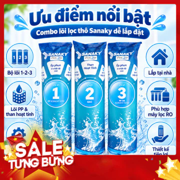 Bộ lõi lọc thô 123 Sanaky cho máy lọc nước RO gia đình lõi PP than hoạt tính dễ thay