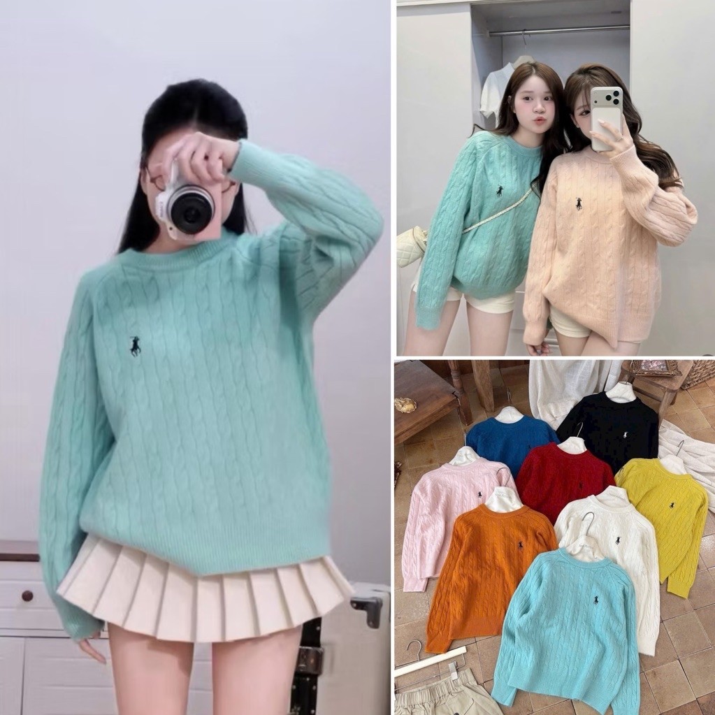 ( 𝐇𝐚̀𝐧𝐠 𝐐𝐂 𝐥𝐨𝐚̣𝐢 𝟏 ) Áo len sweater XANH MINT cổ tròn vặn thừng thêu hình form rộng hàng QC