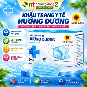Khẩu Trang Y Tế Hướng Dương 4 Lớp Hộp 50 Cái - Khẩu Trang Dùng 1 Lần, Thoáng Khí, Lọc Bụi, Đeo Êm Tai