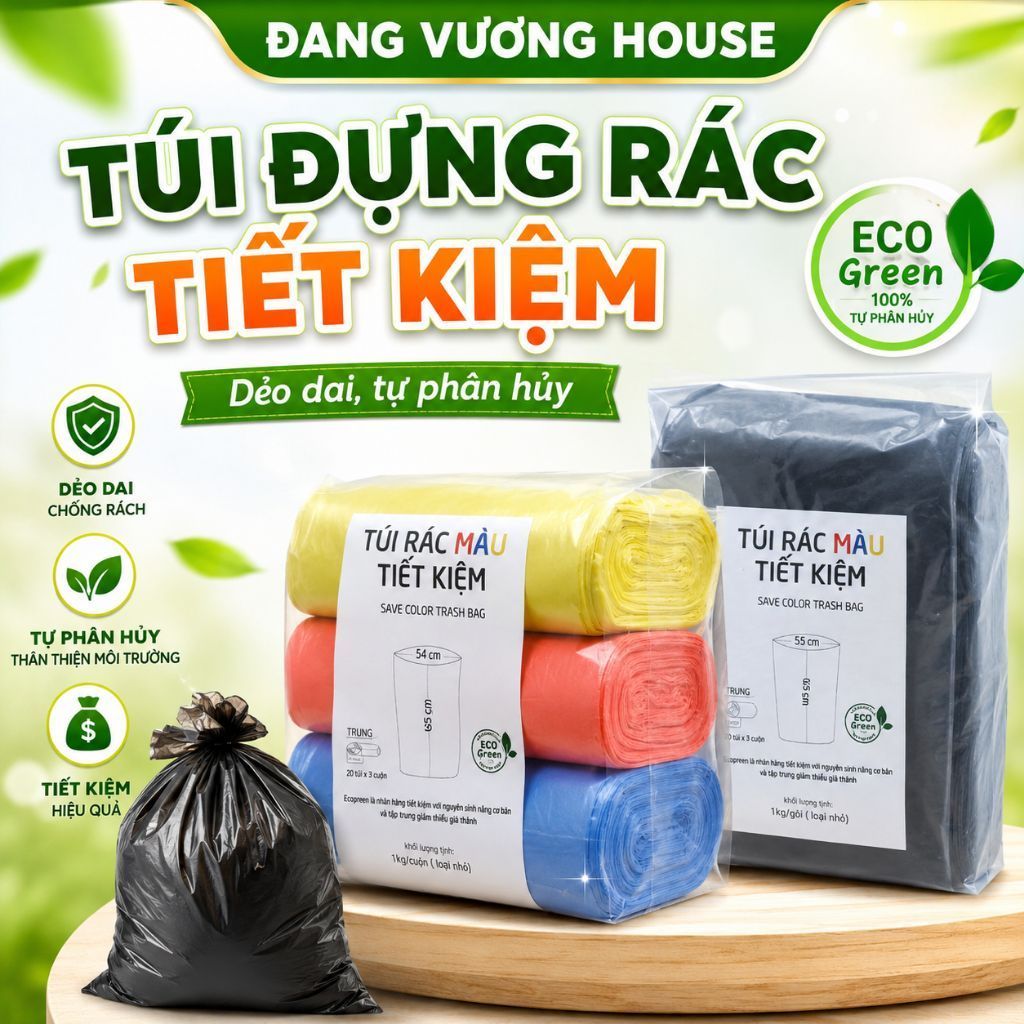 Combo Lốc 3 Cuộn (1kg)Túi Đựng Rác Tự Hủy Sinh Học Tiện Dụng, Tiết Kiệm ( đen, màu)
