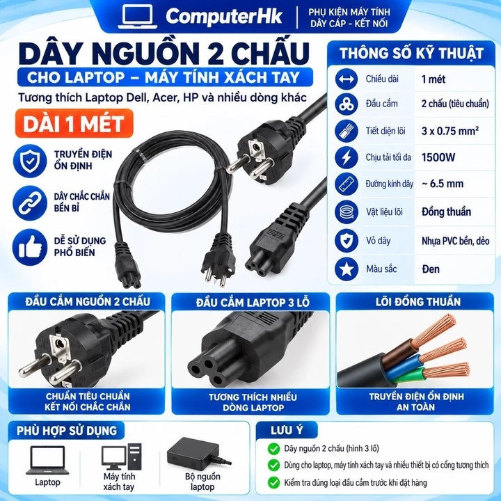 Dây nguồn 2 chấu laptop Dell, Laptop Acer, Laptop Hp và dùng cho nhiều dòng laptop khác nhau