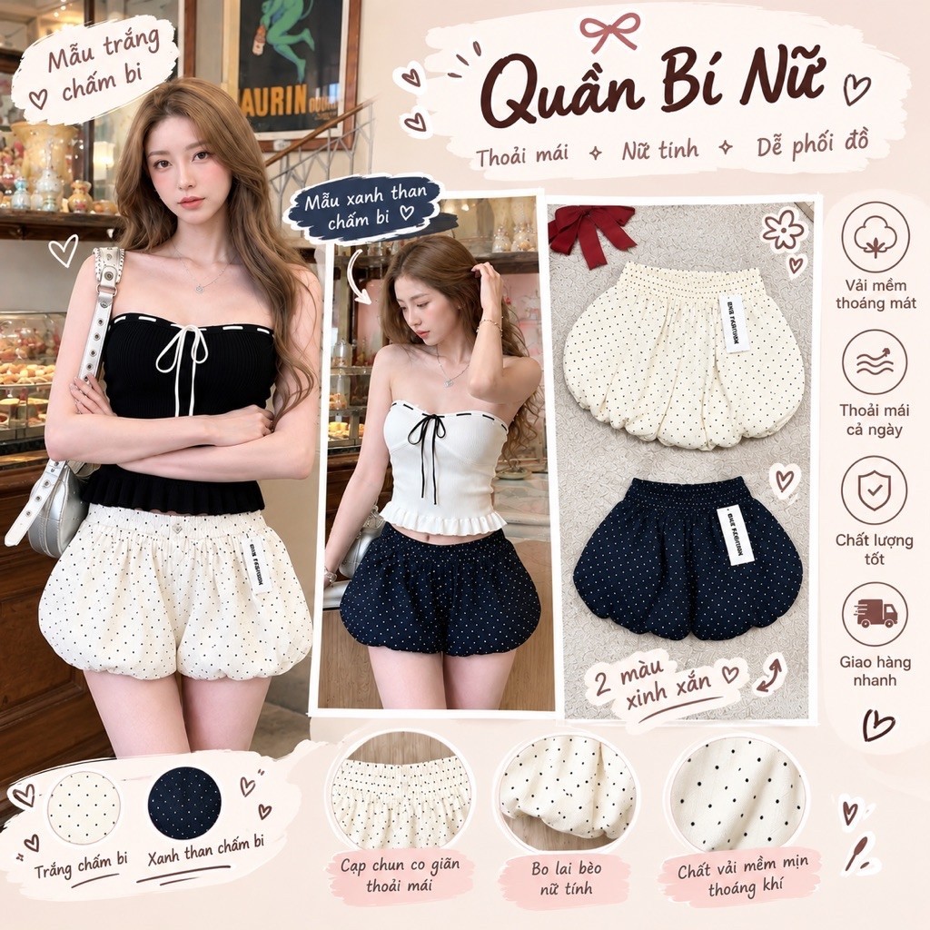 Quần Đùi Bí Nữ Chấm Bi Ngắn, Boom Co Giãn, Mặc Trong Váy, Mã 080