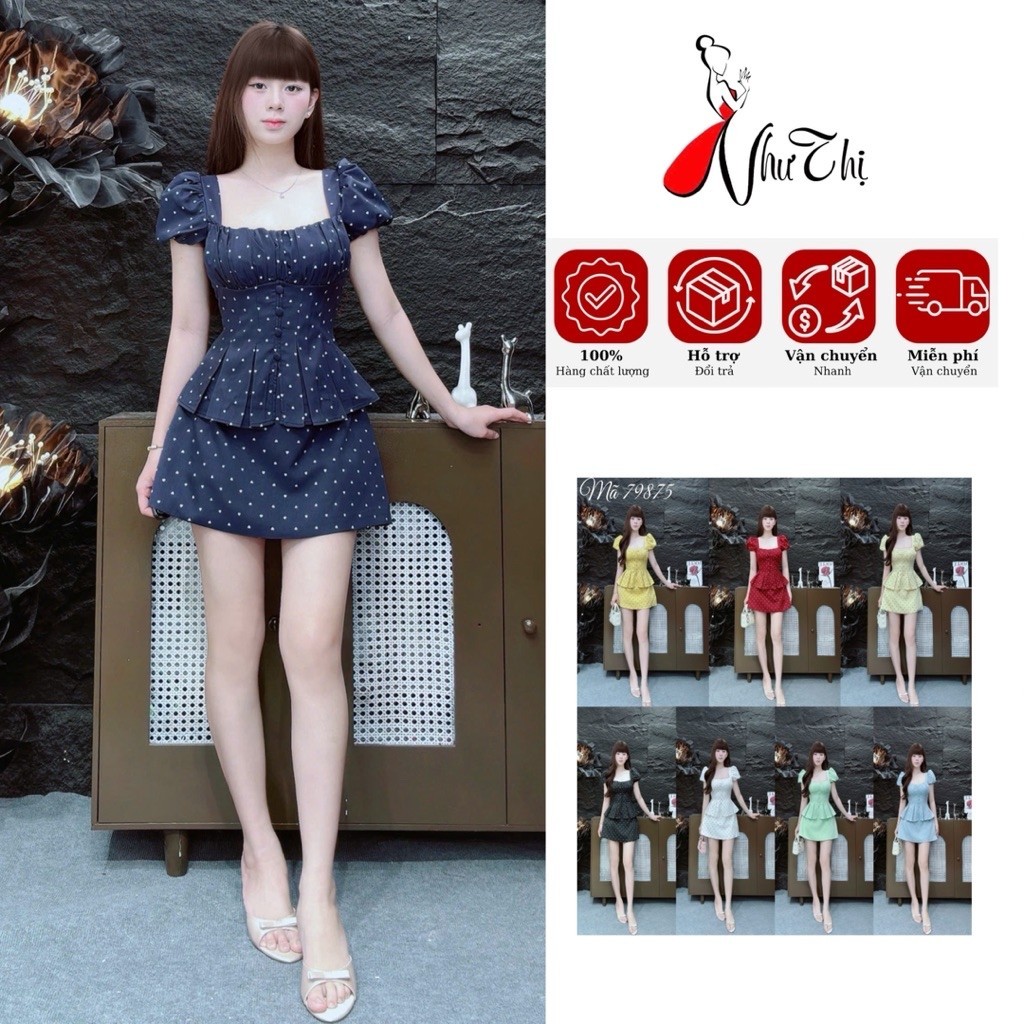 C286 (miễn phí chỉnh váy) sét áo cổ vuông tay phồng xếp li eo + chân váy ngắn chữ A thiết kế trẻ trung đi tiệc đi chơi