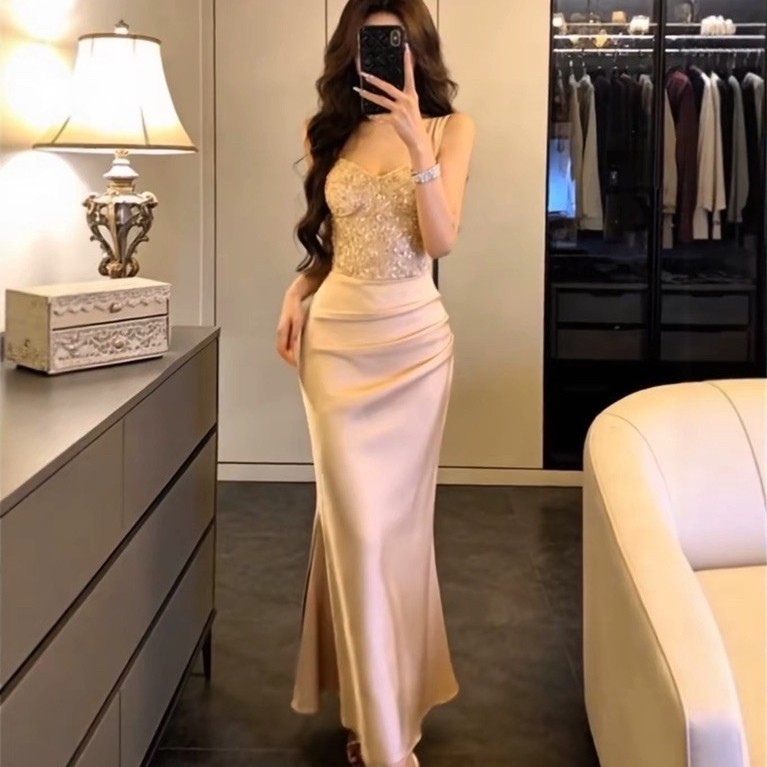 Đầm Dạ Hội Dài Satin Nữ Phối Cúp Ngực Đính Đá Sang Trọng Dự Tiệc Cưới Tiệc Tối