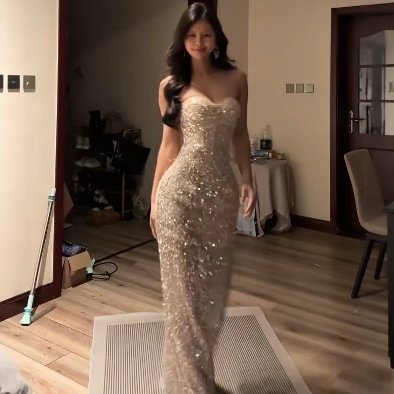 Đầm Dạ Hội Dài Đính Sequin Lấp Lánh Cúp Ngực Dáng Ôm Sang Trọng Dự Tiệc Cưới Gala