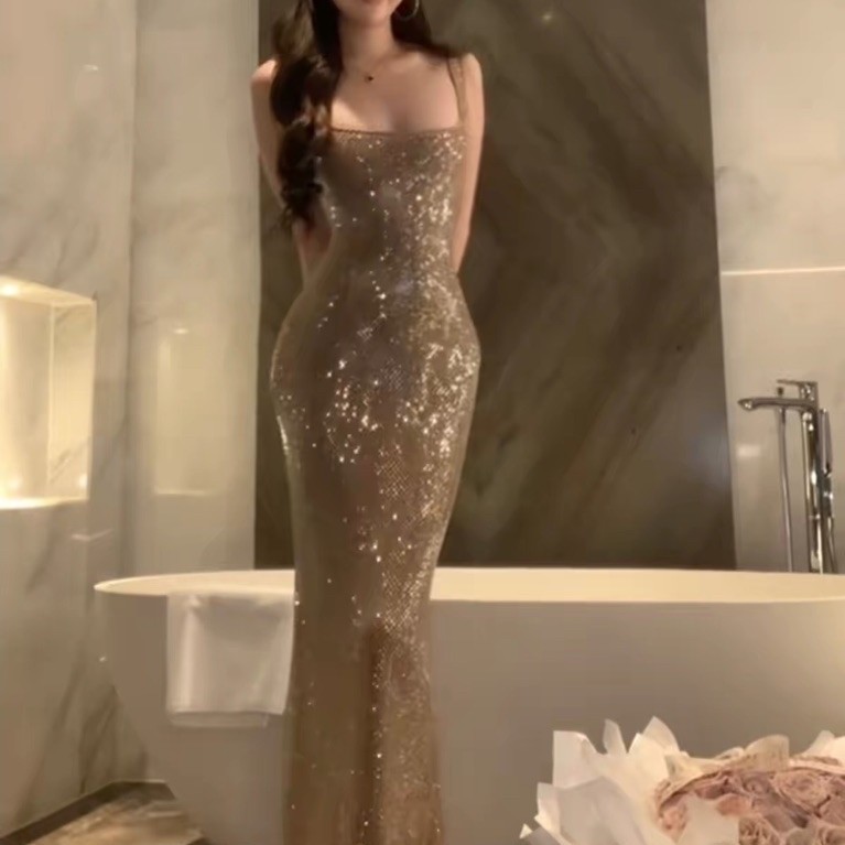 Đầm Dạ Hội Sequin Ánh Kim Dáng Dài Body 2 Dây Cổ Vuông Sang Trọng Dự Tiệc Cưới Gala