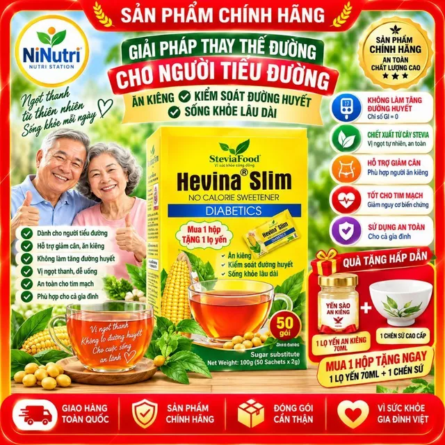 ( TẶNG KÈM 1 CHÉN SỨ + 1 LỌ YẾN TIỂU ĐƯỜNG ) ĐƯỜNG ĂN KIÊNG ,TIỂU ĐƯỜNG , BÉO PHÌ HỢP 50 GÓI HEVINA SLIM 100G .
