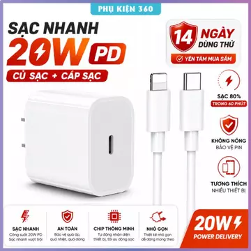 Bộ sạc nhanh 20W PD (củ sạc + cáp sạc) cho 5-14PRM. Sạc 60p lên 80% Pin. Cốc sạc Type C, Dây sạc 20W sạc nhanh 3 lần