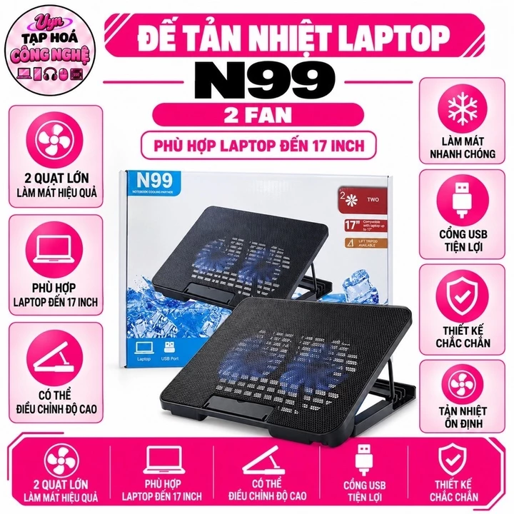 ĐẾ TẢN NHIỆT LAPTOP N99 2 FAN/Đế tản nhiệt laptop Cooling Pad N99 2 FAN