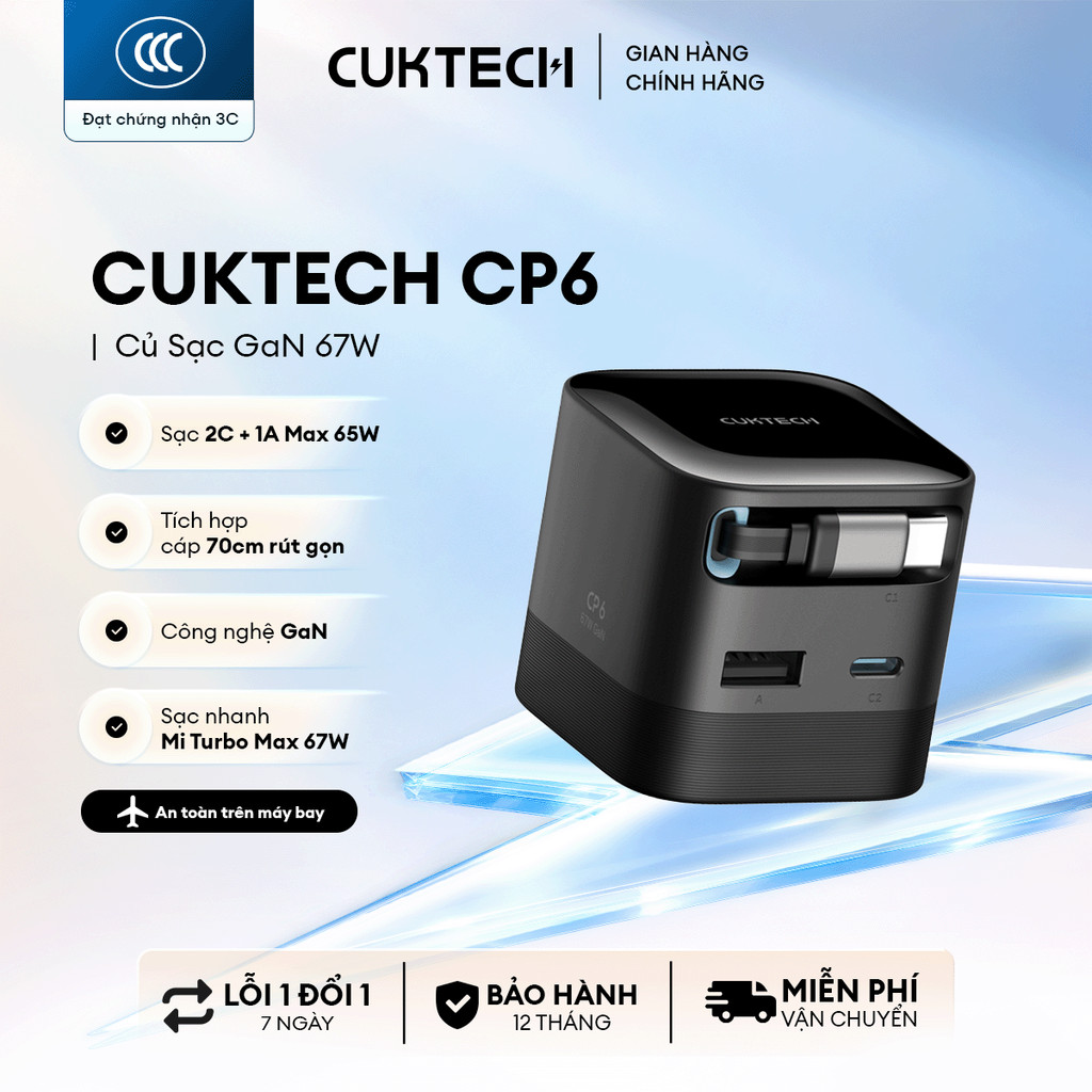 Củ Sạc GaN CUKTECH CP6 Kèm Cáp C Rút Gọn | Công Suất 67W | Cổng Sạc 2C1A | Bảo hành 18 Tháng AD653W