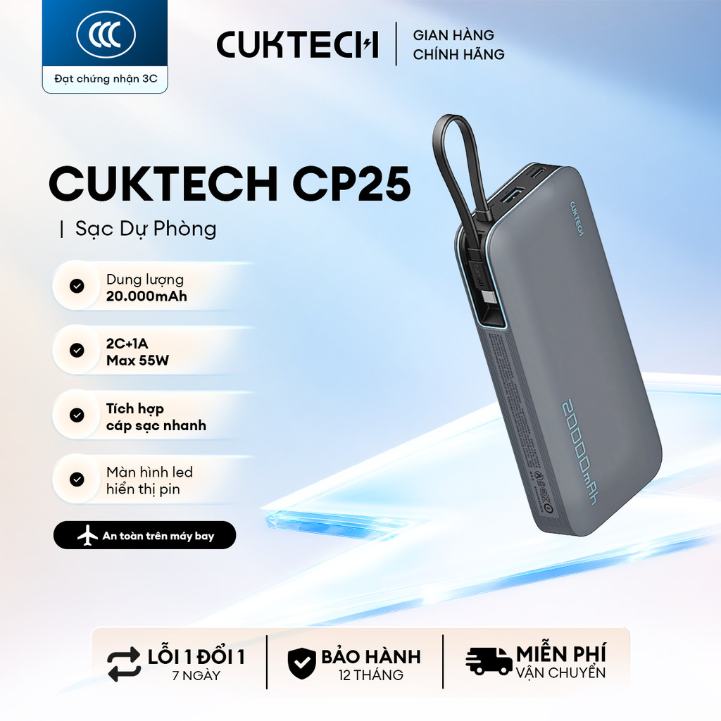 CUKTECH CP25 Sạc Di Động 2C1A Kèm Cáp | Sạc Nhanh 55W Max | Dung Lượng 20.000mAh | Bảo Hành 18 Tháng PB200N