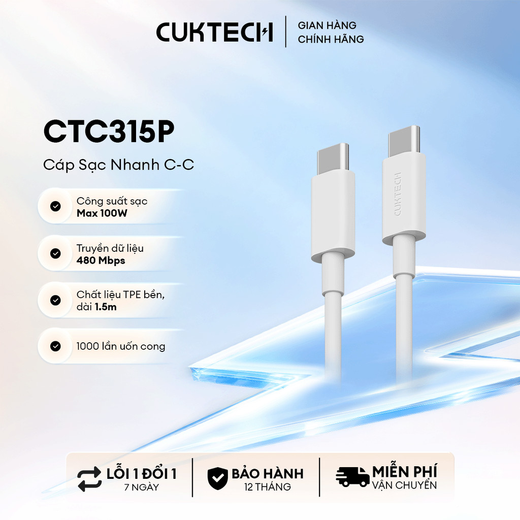 Cáp Sạc Nhanh CUKTECH CTC515N C-C | Công Suất Sạc Max 100W | Truyền Tải Dữ Liệu 480Mbps | Bảo Hành 18 Tháng