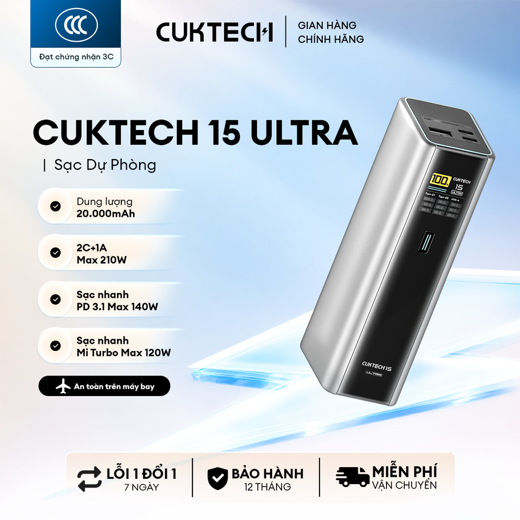 CUKTECH 15 ULTRA Sạc Di Động 2C1A | Công Suất 210W Max | Dung Lượng 20.000mAh | Bảo Hành 18 Tháng PB200U