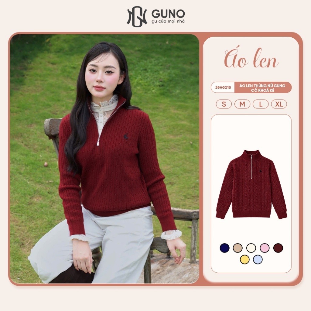 Áo Len Thừng Nữ GUNO Cổ Kéo Khóa Dày Dặn Giữ Ấm Thêu Logo Ngựa Freesize Basic Thời Trang  26AG210