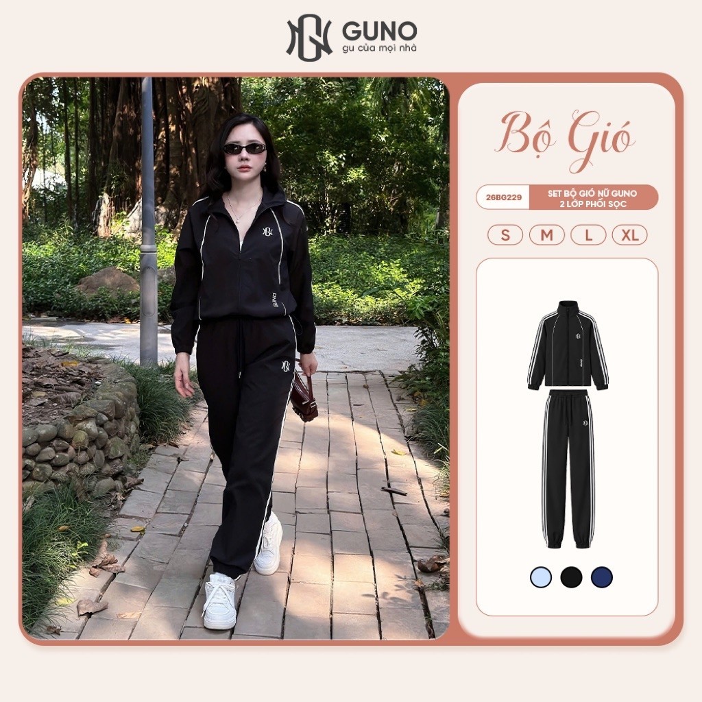 Bộ Quần Áo Gió Thu Đông Nữ GUNO 2 Lớp Cao Cấp Sọc Tay Áo Khóa Kéo Kèm Quần Ống Bo Thời Trang 26BG229