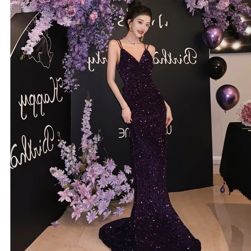 Đầm Dạ Hội Sequin Tím Đậm Dáng Dài Đuôi Cá 2 Dây Hở Lưng Sang Trọng Dự Tiệc Cưới Sự Kiện