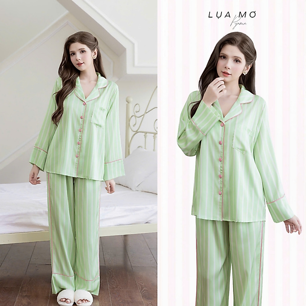 Pijama Tiểu Thư Tay Dài Họa Tiết Dễ Thương Phối Viên Nút Bọc Lụa Có Túi Vải Lụa Latin Cao Cấp - Đồ bộ Lụa Mơ LM314