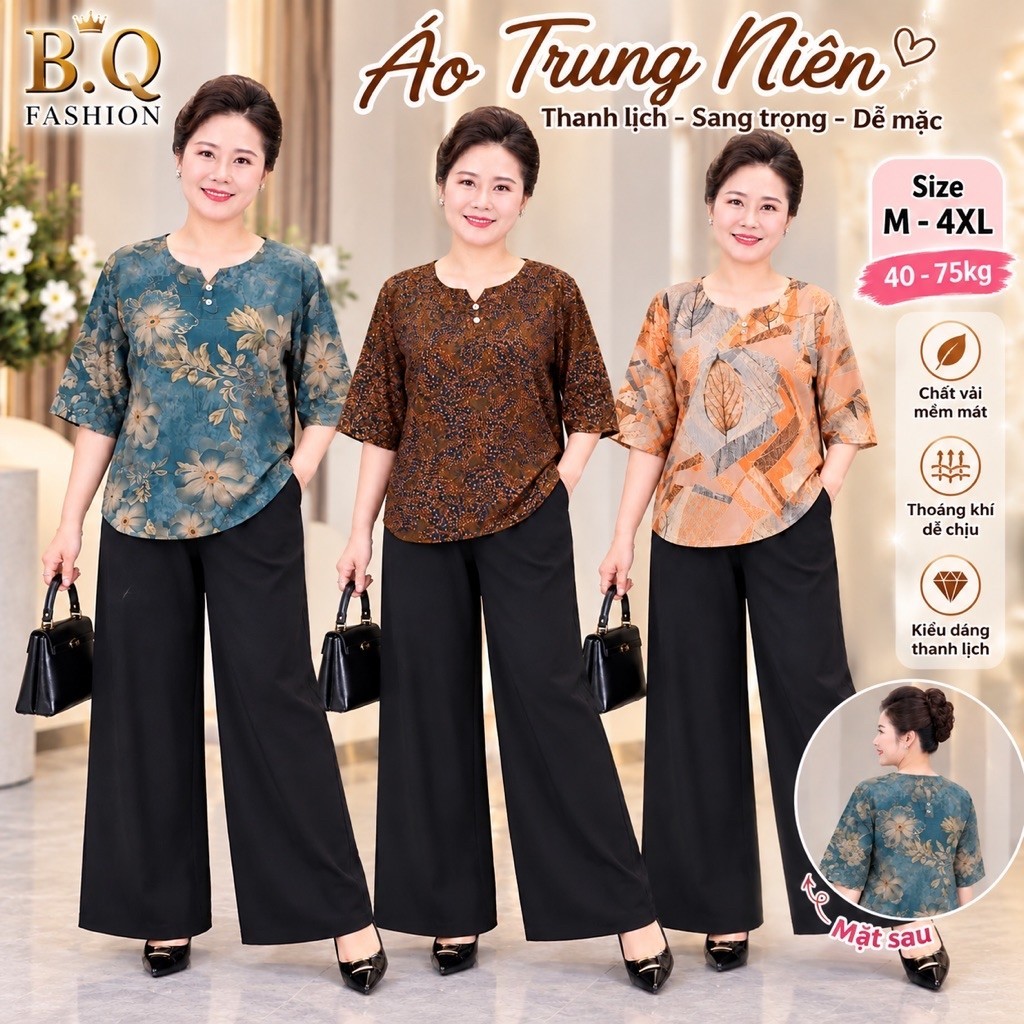 Áo trung niên tay lỡ cổ V , lụa hàn châu hoa to cho mẹ cho bà mặc nhà đi chơi