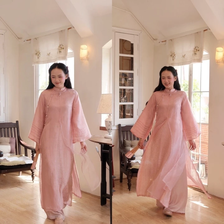 Set Áo dài tứ thân cách tân cách tân dáng suông 4 tà Hồng Miên (ẢNH THẬT) , gồm ( áo tứ thân + áo dài + quần)
