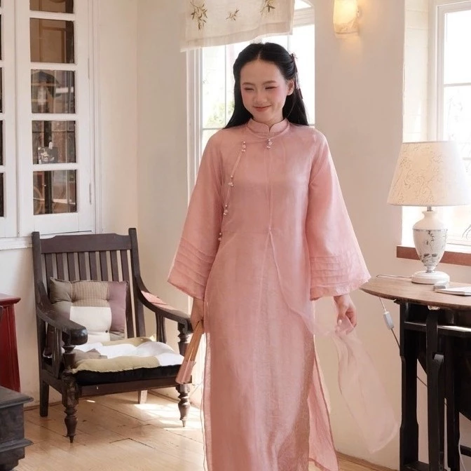 Set Áo dài tứ thân cách tân cách tân dáng suông 4 tà Hồng Miên (ẢNH THẬT) , gồm ( áo tứ thân + áo dài + quần)
