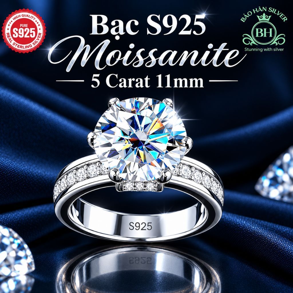 (Ảnh thật)Moissanite11ly Nhẫn cầu hôn bạc S925 Moissanite 5 Carat 11mm nhẫn cưới bạc ý nhẫn bạc nữ Bảo Hân SilverBH0223S