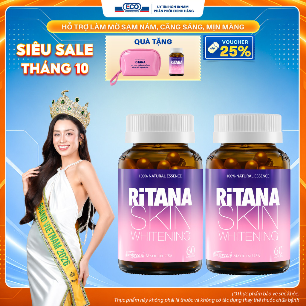 [COMBO MUA 2 TẶNG 1] Viên Uống Trắng Da RITANA Hỗ Trợ Chống Nắng, Làm Mờ Sạm Nám Và Chống Lão Hóa Chứa Glutathione