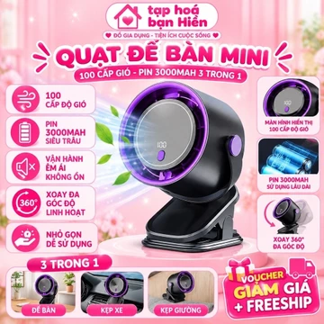 [KH]QUẠT ĐỂ BÀN MINI 100 CẤP GIÓ PIN 3000MAH 3 TRONG 1 – ĐỂ BÀN, KẸP BÀN, TREO TƯỜNG