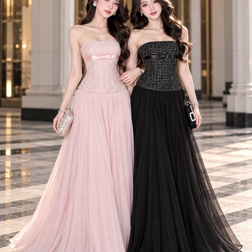 Đầm Dạ Hội Dài Nữ Cúp Ngực Dáng Xòe Xếp Ly Áo Tweed Phối Nơ Thanh Lịch Màu Hồng Đen