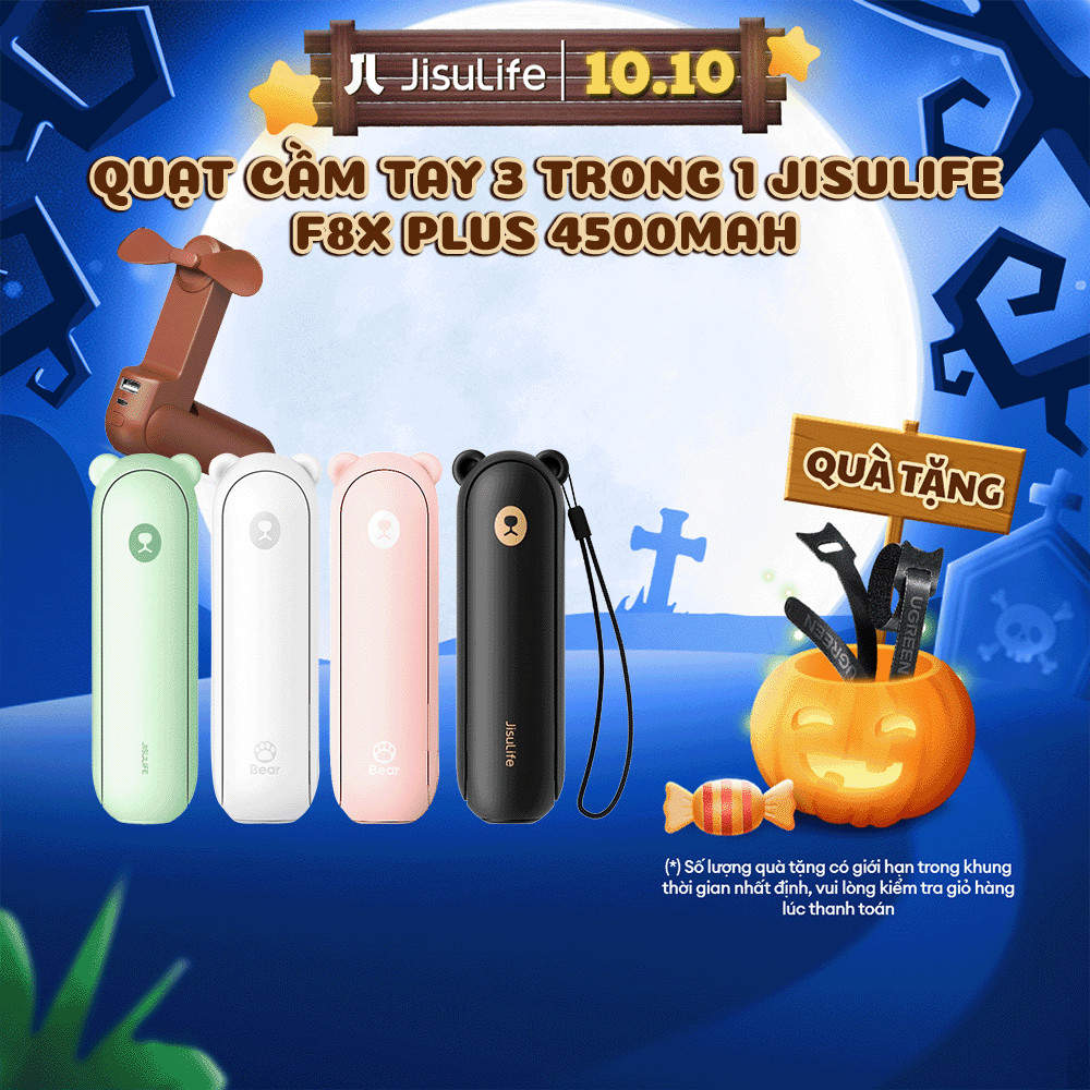 Quạt Cầm Tay 3 in 1 JISULIFE F8X Plus 4500mAh Tích Hợp Sạc Dự Phòng - Đèn Pin Siêu Sáng Bảo Hành 12 tháng