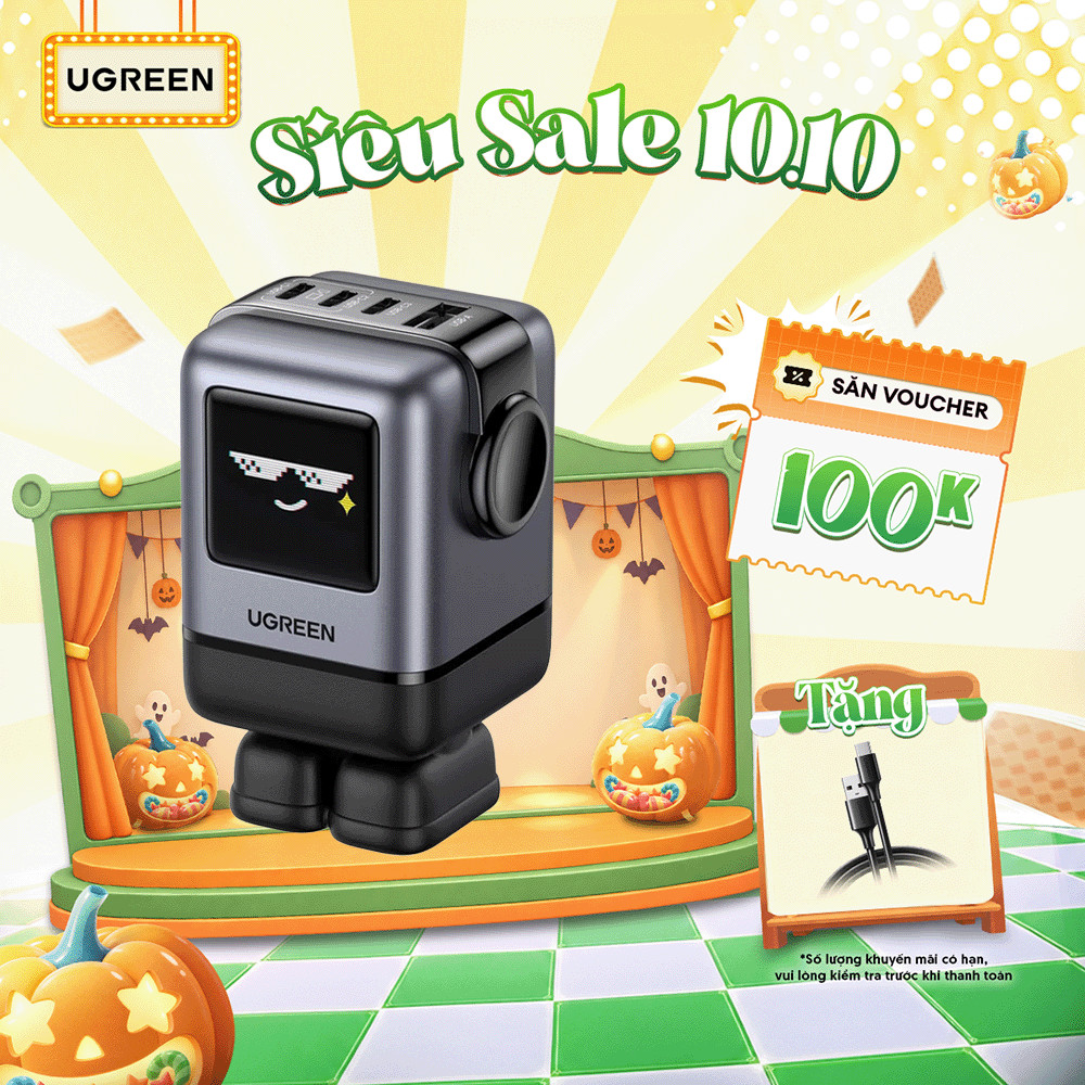 Củ sạc nhanh Robot Ugreen Uno 100W | Công nghệ GaN | Sạc 4 thiết bị cùng lúc | Bảo hành 18 tháng 1 đổi 1 | 45514B