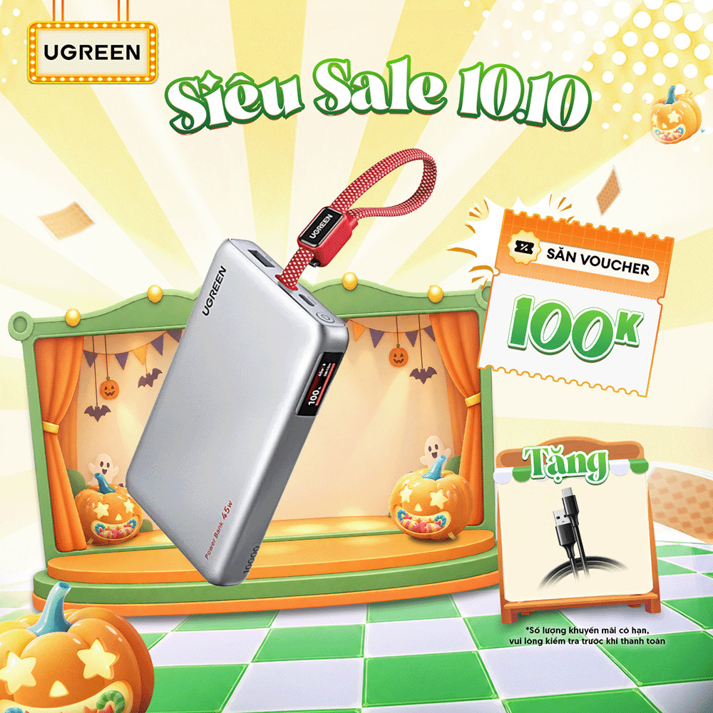Pin Sạc Dự Phòng UGREEN PB541 | 10000mAh 45W Tích Hợp Cáp | Pin Sạc Nhanh Đa Giao Thức | BH 18 Tháng 1 Đổi 1 | 45268