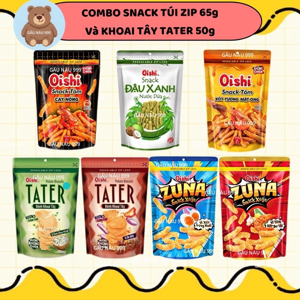 COMBO 3-5-10 Snack BIM BIM Oishi TÚI ZIP các vị 65g và Bánh Khoai
