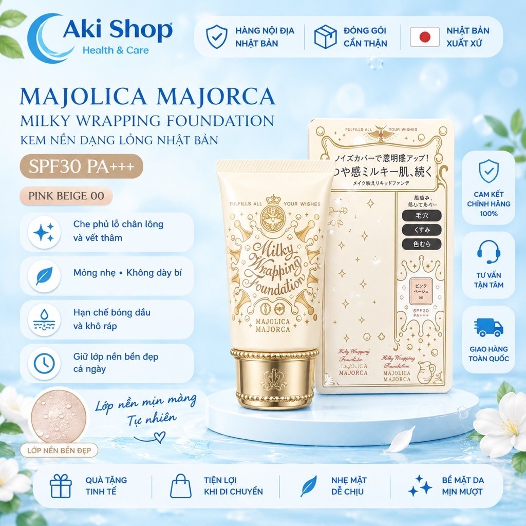 Kem Lười Kem Nền Dưỡng Da Kem Trang Điểm Majolica Majorca Milky Wrapping Foundation SPF30 PA+++ 30g Nhật Bản hy