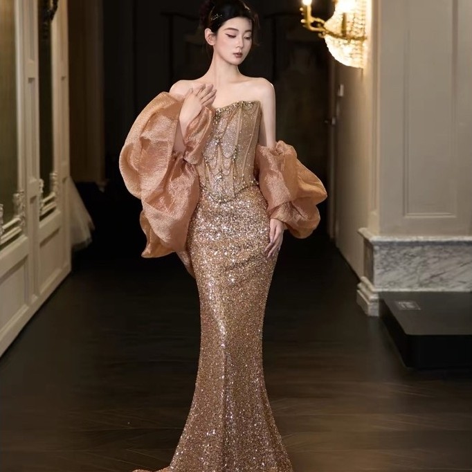 Đầm dạ hội kim sa ánh champagne tay phồng organza sang trọng dự tiệc cưới sự kiện cao cấp