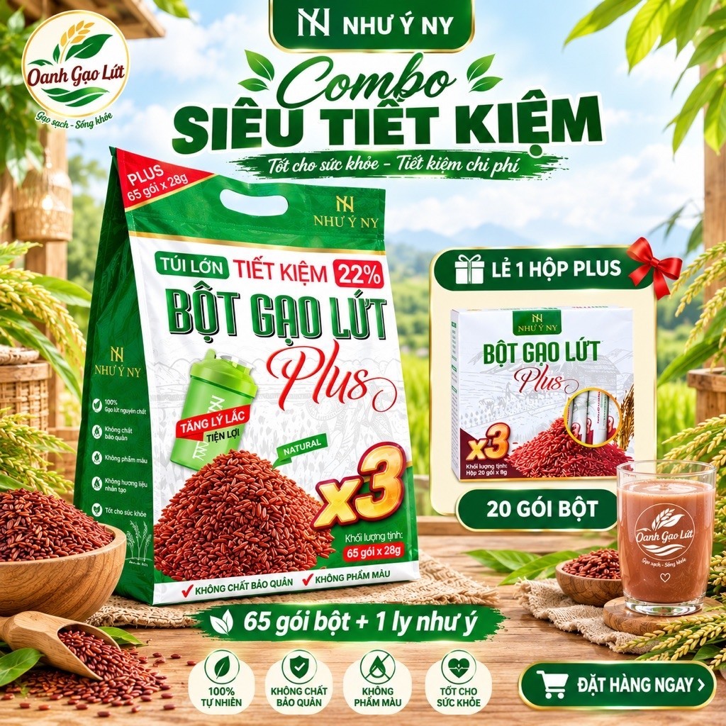 [ Túi to siêu nhiều quà ] Bột gạo lứt Plus - x3 kèm ly, dây đo, bảo hành