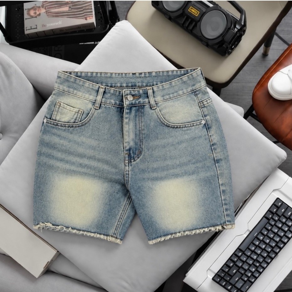 Quần Short Đùi Jean Nam Trên Gối, TV126 Vàng Cát Lai Tua, chất liệu cotton không giãn, Size 45-86KG.