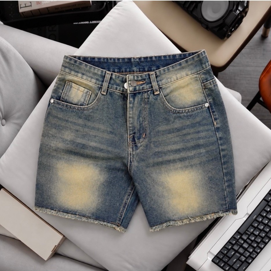 Quần Short Đùi Jean Nam Trên Gối, TV127 rêu Lợt Lai Tua, chất liệu cotton không giãn, Size 45-86KG.