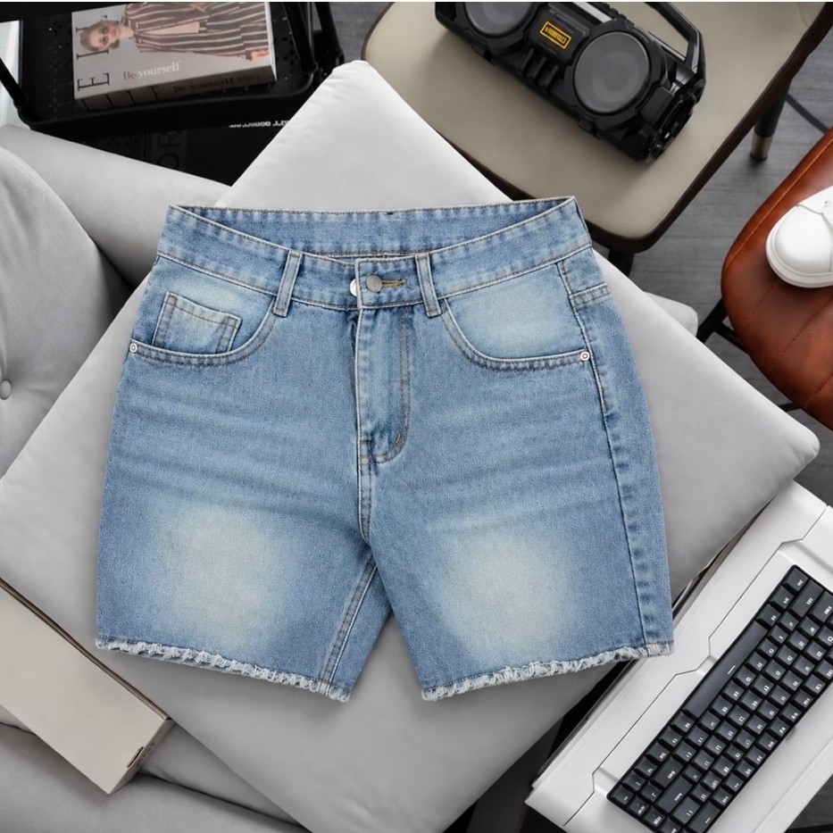 Quần Short Đùi Jean Nam Trên Gối, TV122 Xanh Nhạt Lai Tua, chất liệu cotton không giãn, Size 45-85KG.