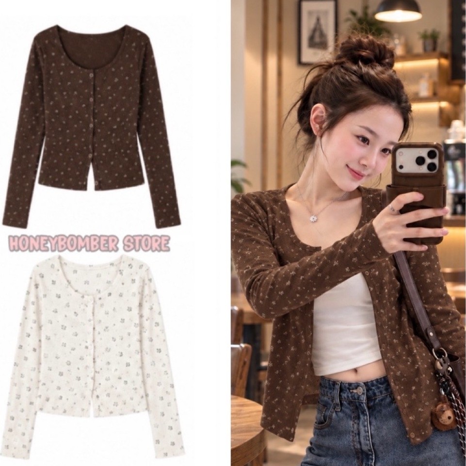 Áo Khoác Cardigan Len Hoa Nhí Cổ Tròn Tay Dài [FREESHIP]🌸Áo Khoác Nữ Phong Cách Hàn Quốc🌸